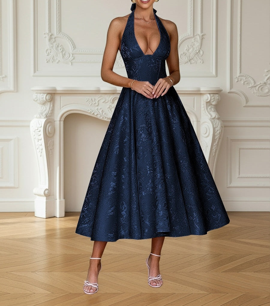 Vintage Jacquard Halter Midi Prom Dresses for Women with A Line Hem