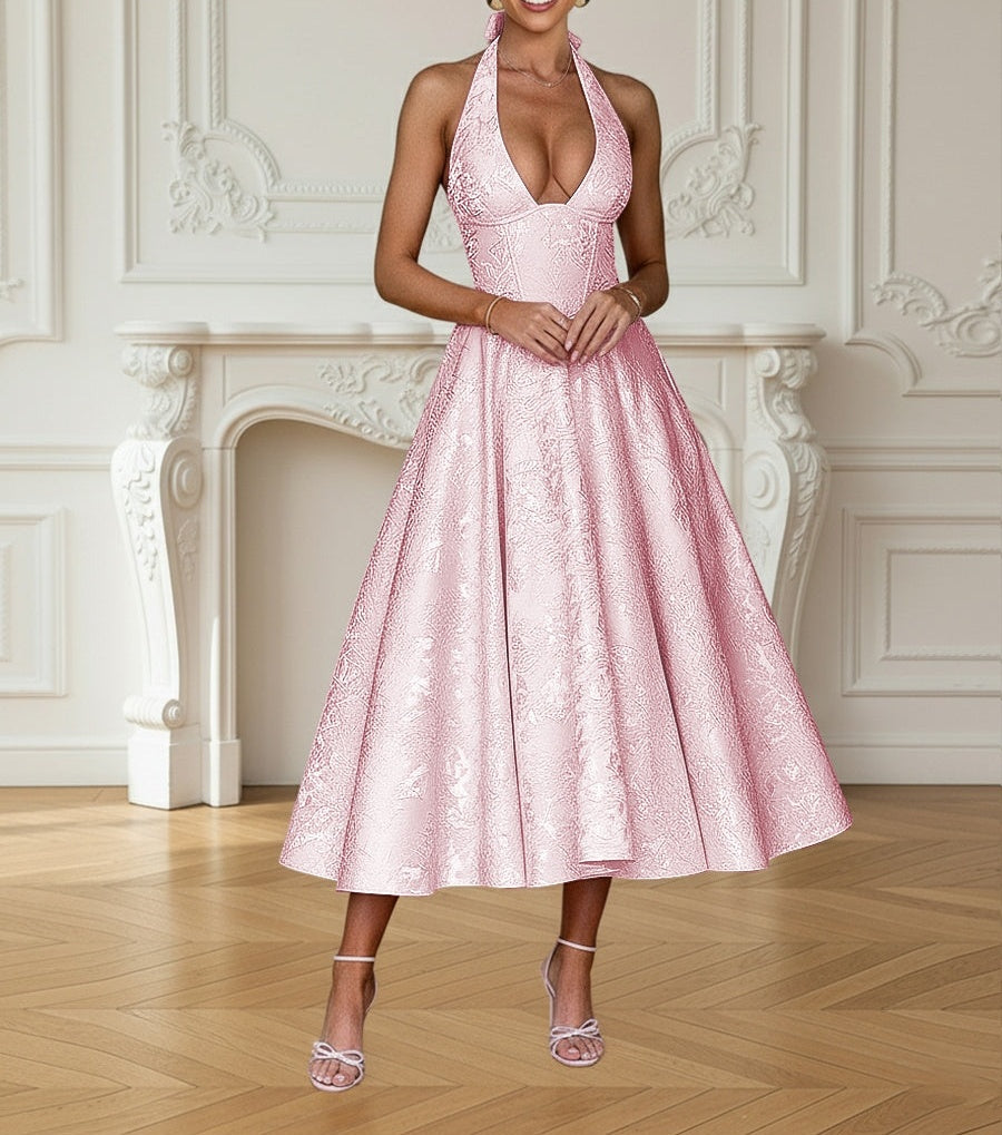 Vintage Jacquard Halter Midi Prom Dresses for Women with A Line Hem