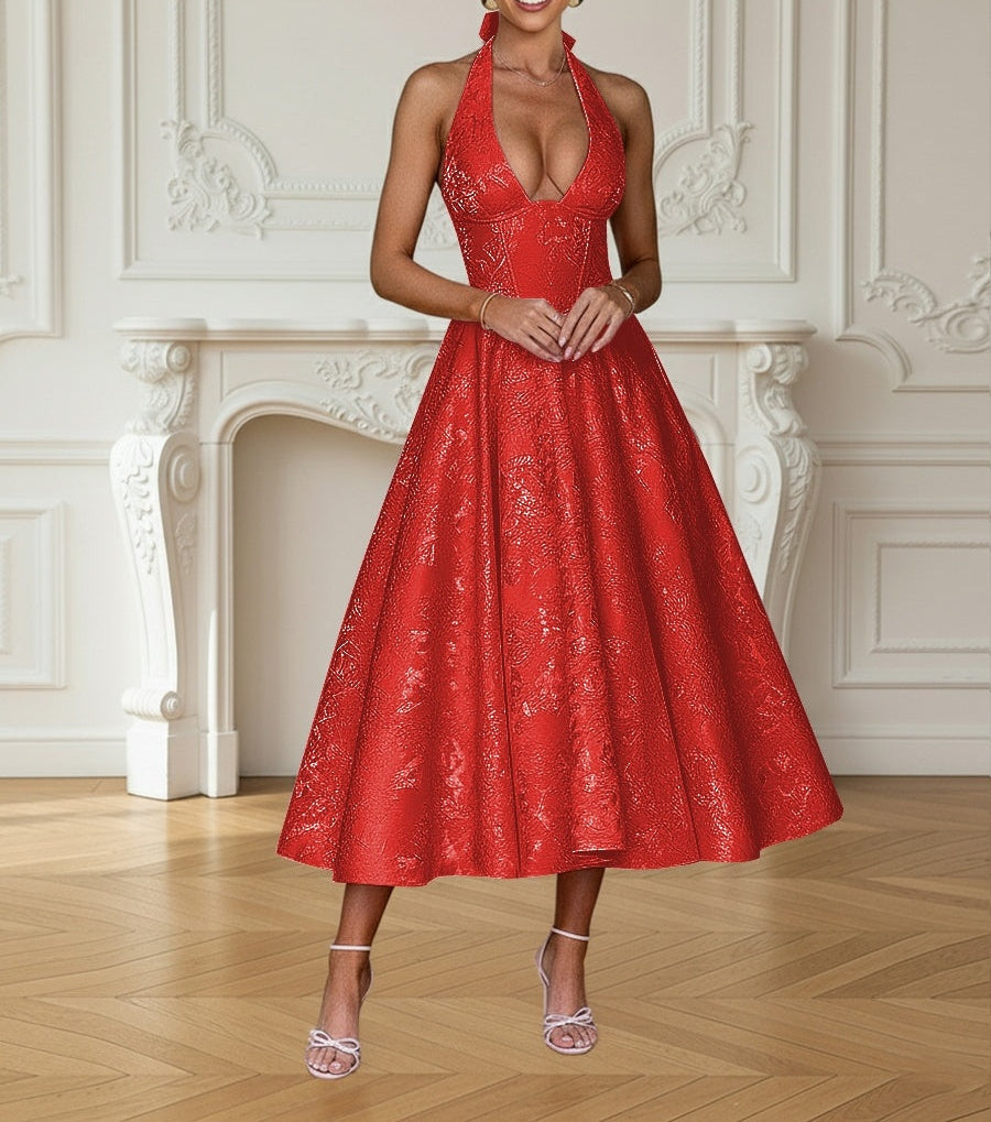 Vintage Jacquard Halter Midi Prom Dresses for Women with A Line Hem