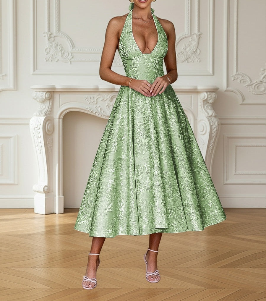 Vintage Jacquard Halter Midi Prom Dresses for Women with A Line Hem
