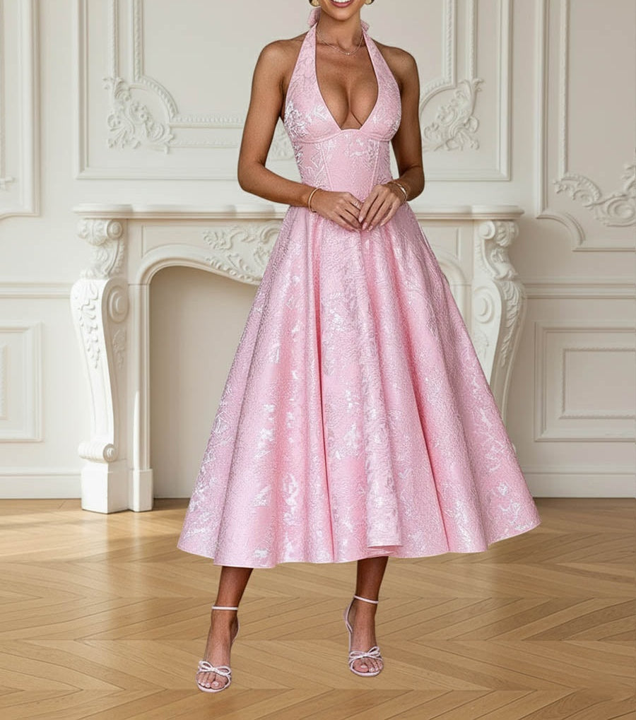 Vintage Jacquard Halter Midi Prom Dresses for Women with A Line Hem