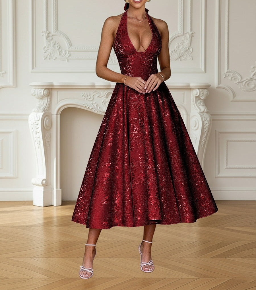 Vintage Jacquard Halter Midi Prom Dresses for Women with A Line Hem