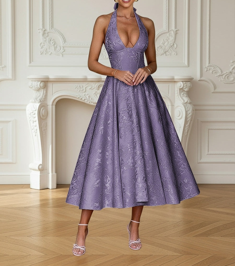 Vintage Jacquard Halter Midi Prom Dresses for Women with A Line Hem