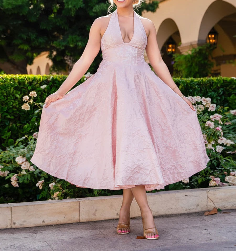 Vintage Jacquard Halter Midi Prom Dresses for Women with A Line Hem