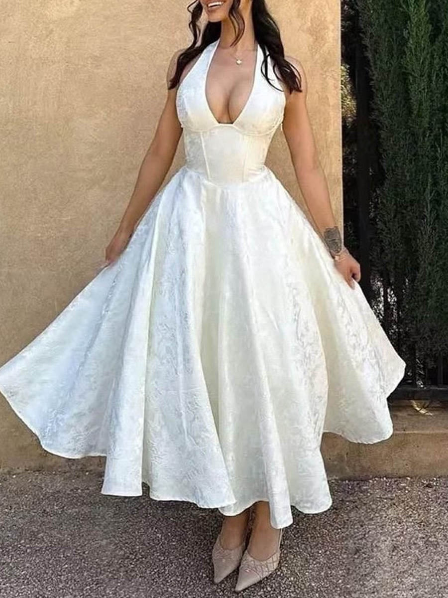 Vintage Jacquard Halter Midi Prom Dresses for Women with A Line Hem