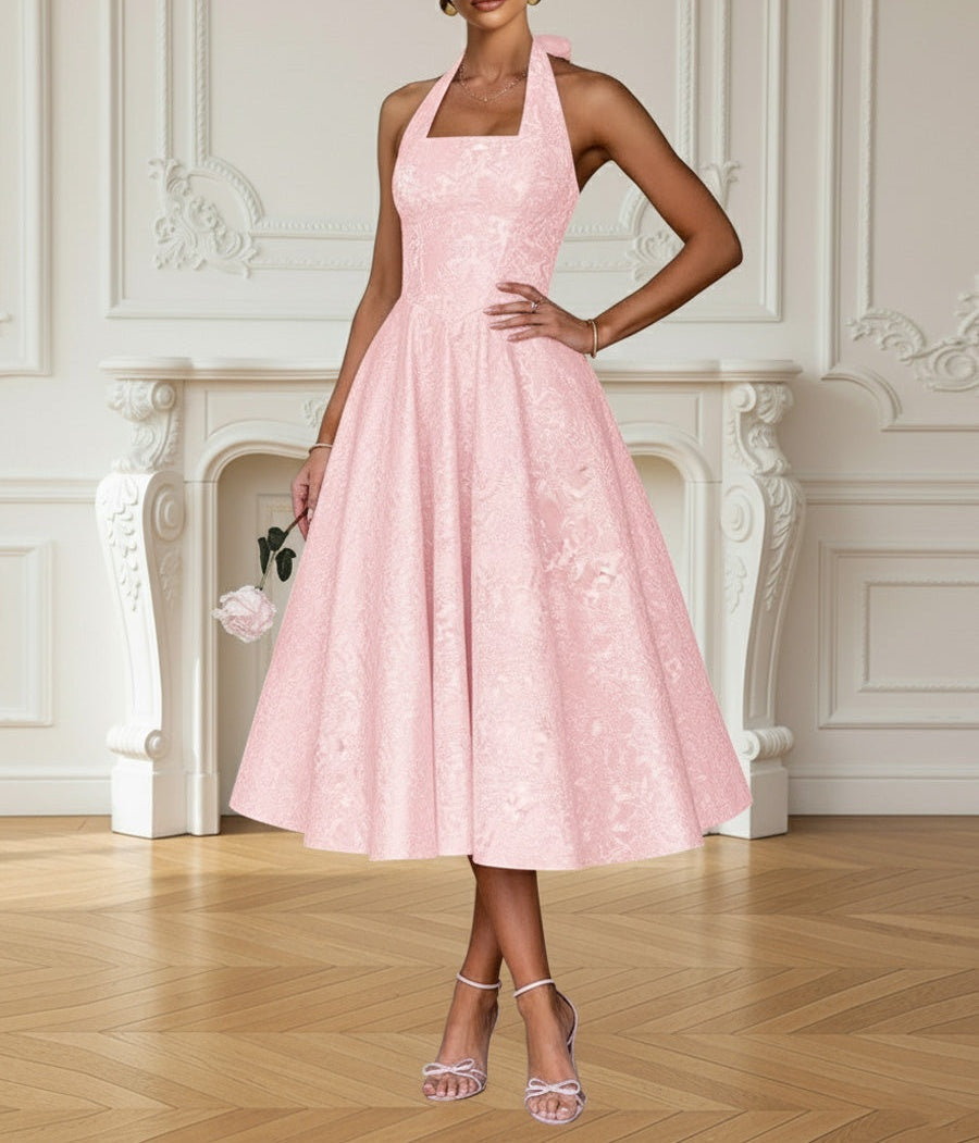 Vintage A Line Halter Midi Prom Dresses with Floral Jacquard Vintage A Line Halter Midi Prom Dresses with Floral Jacquard