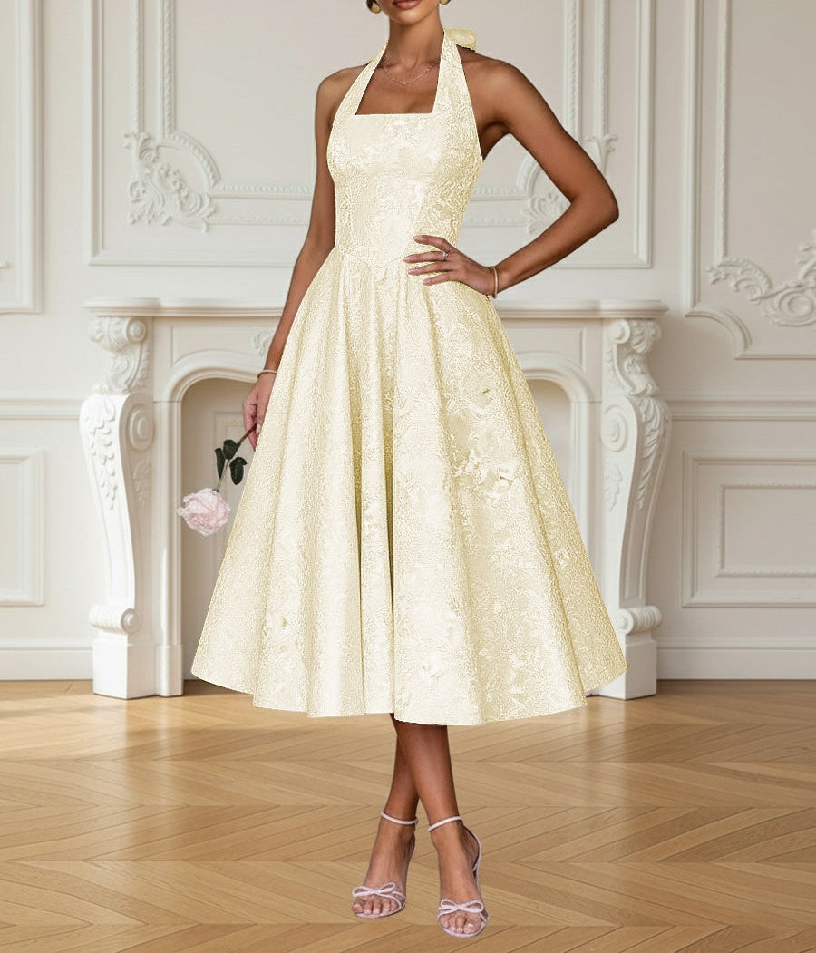 Vintage A Line Halter Midi Prom Dresses with Floral Jacquard