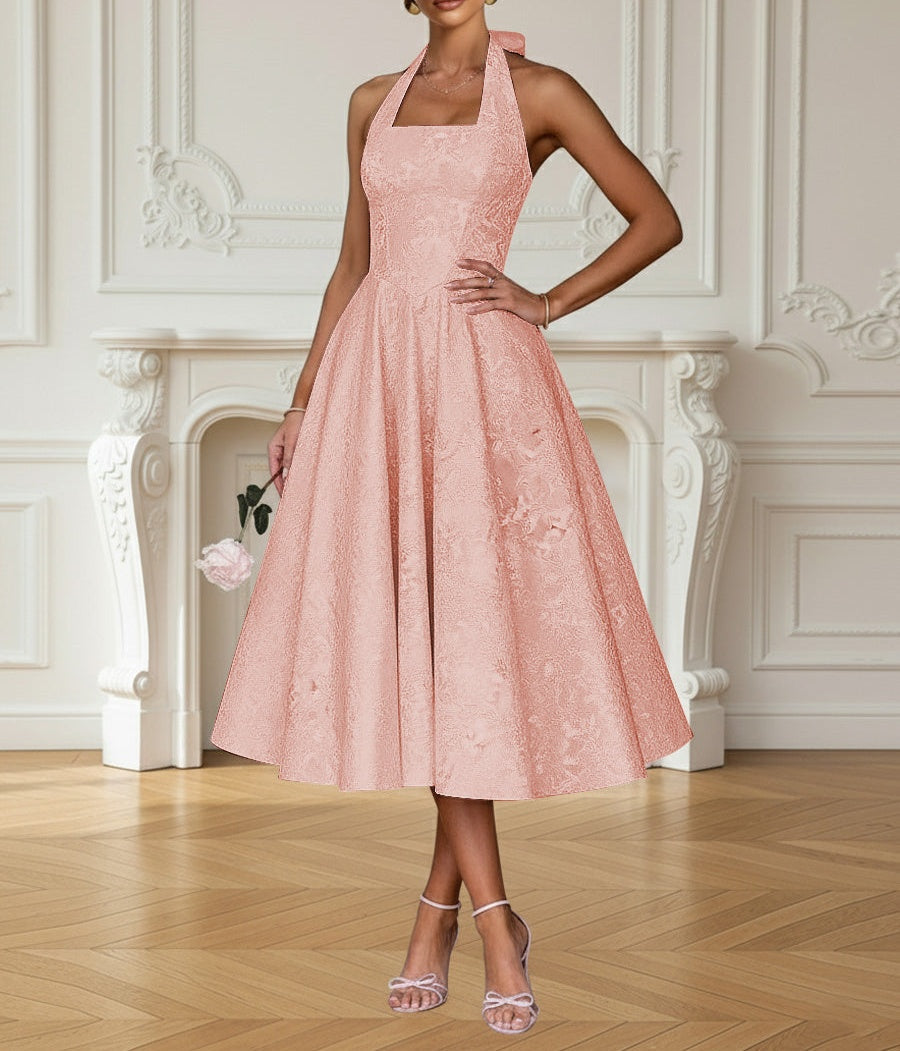 Vintage A Line Halter Midi Prom Dresses with Floral Jacquard