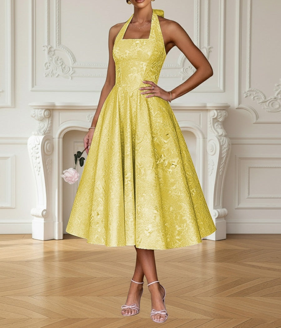 Vintage A Line Halter Midi Prom Dresses with Floral Jacquard