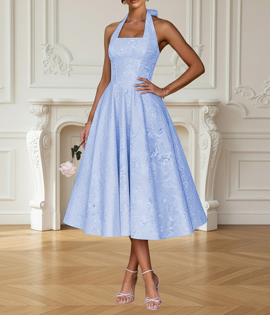 Vintage A Line Halter Midi Prom Dresses with Floral Jacquard