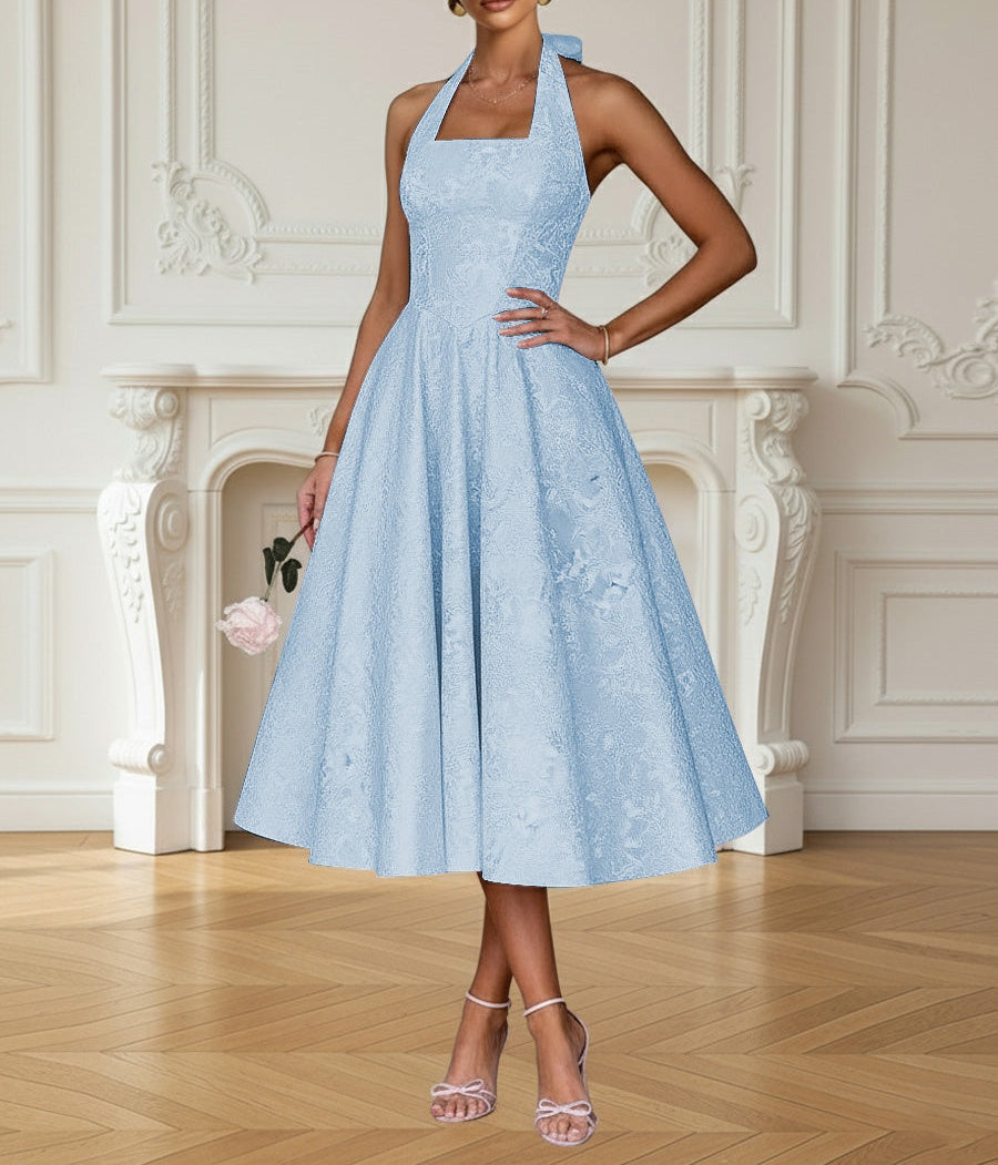 Vintage A Line Halter Midi Prom Dresses with Floral Jacquard