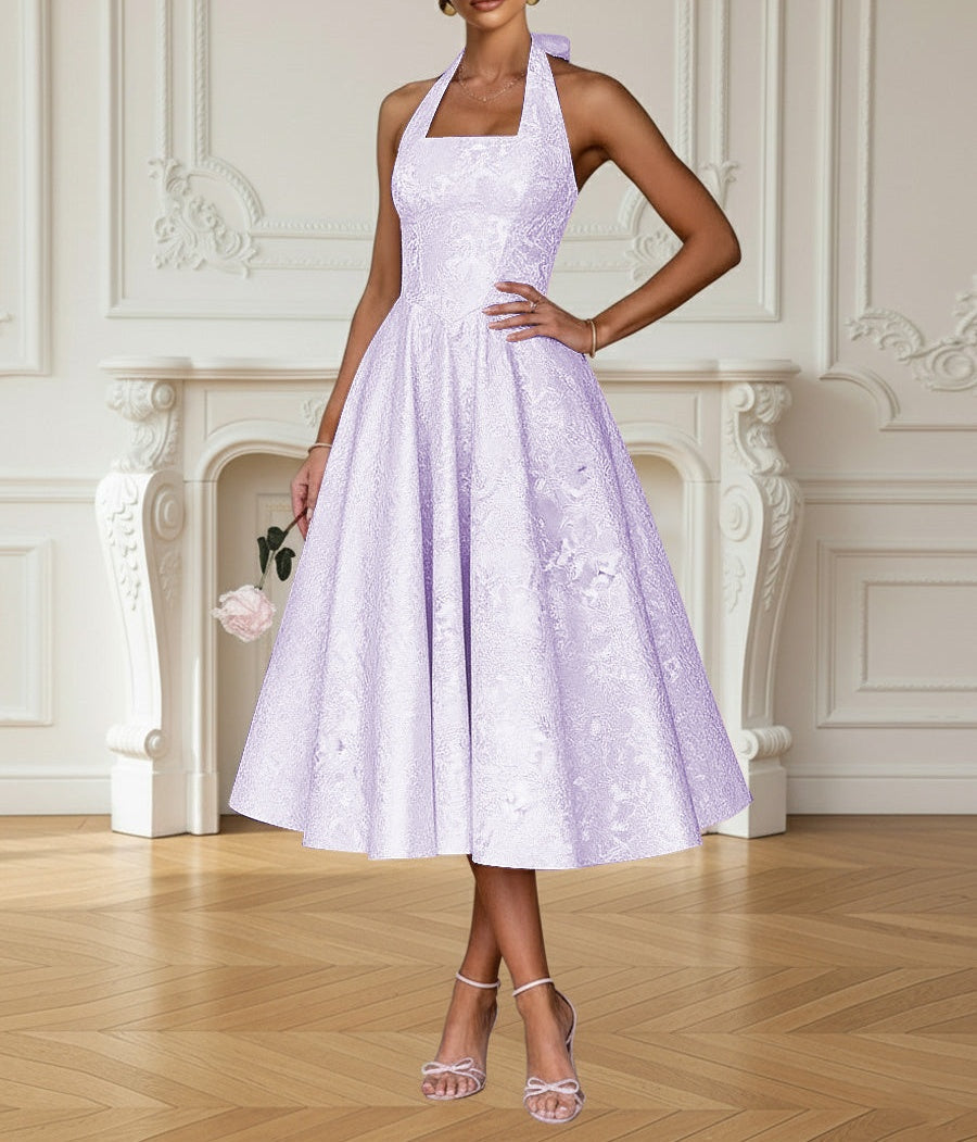 Vintage A Line Halter Midi Prom Dresses with Floral Jacquard