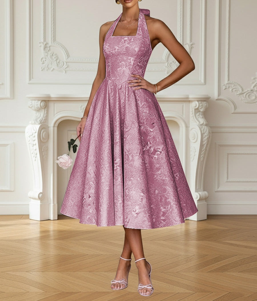 Vintage A Line Halter Midi Prom Dresses with Floral Jacquard