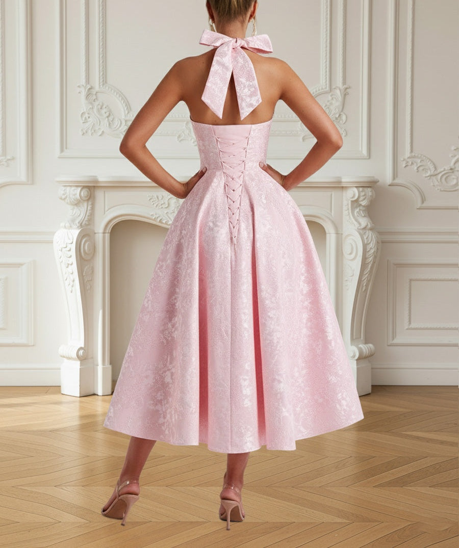 Vintage A Line Halter Midi Prom Dresses with Floral Jacquard