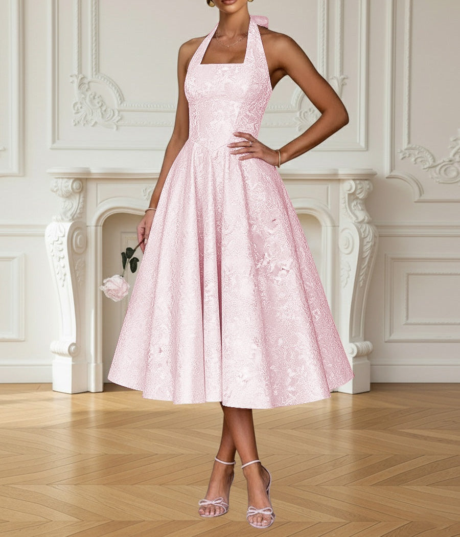 Vintage A Line Halter Midi Prom Dresses with Floral Jacquard