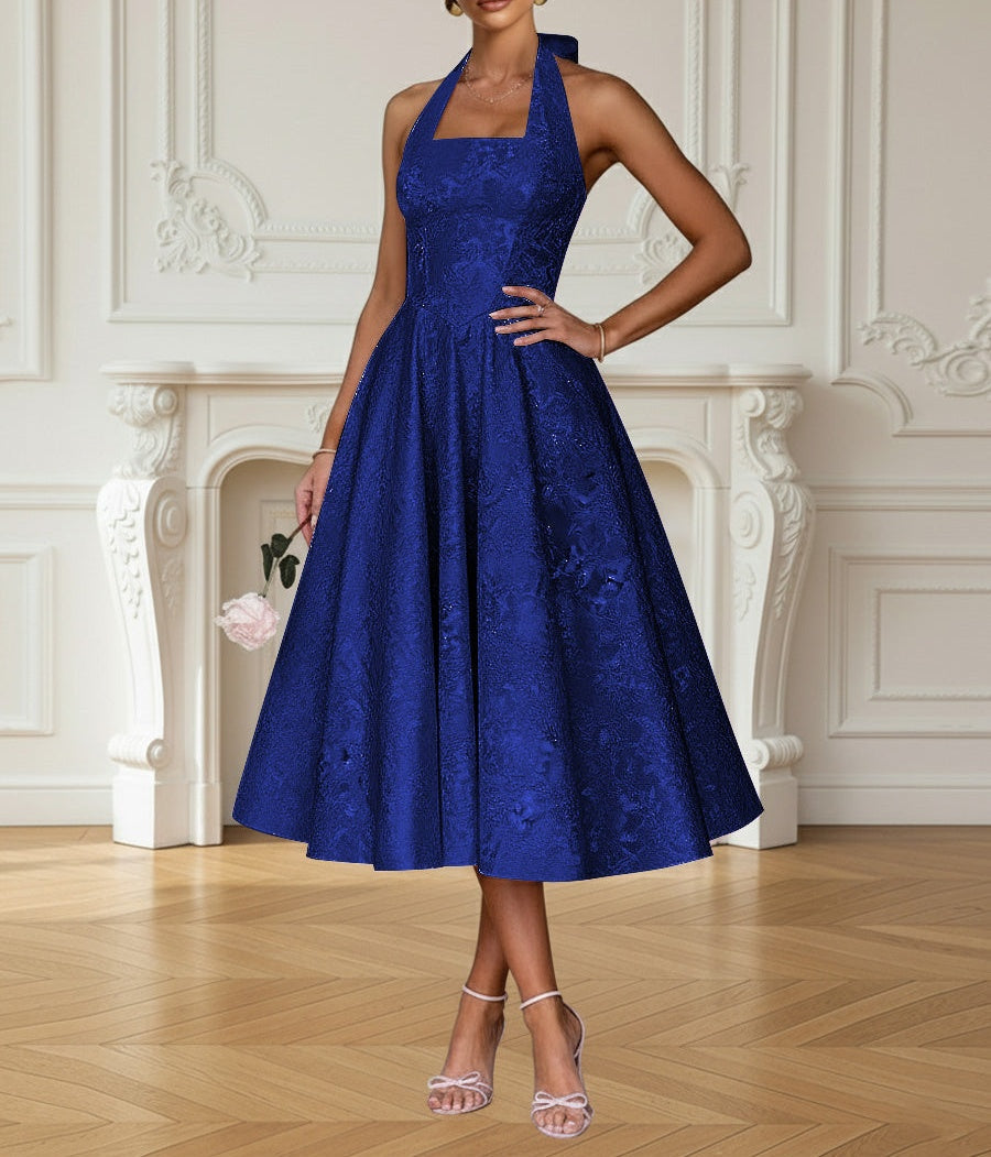 Vintage A Line Halter Midi Prom Dresses with Floral Jacquard