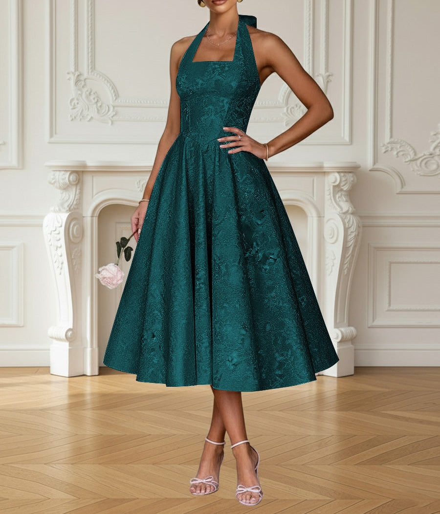 Vintage A Line Halter Midi Prom Dresses with Floral Jacquard