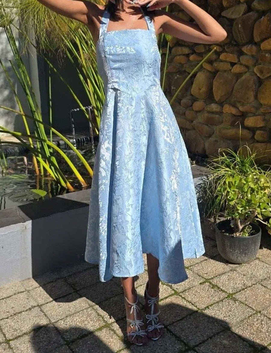 Vintage A Line Halter Midi Prom Dresses with Floral Jacquard