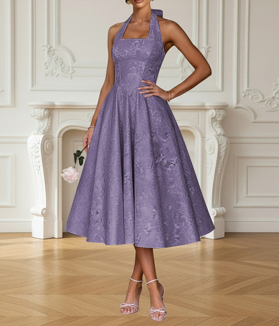 Vintage A Line Halter Midi Prom Dresses with Floral Jacquard