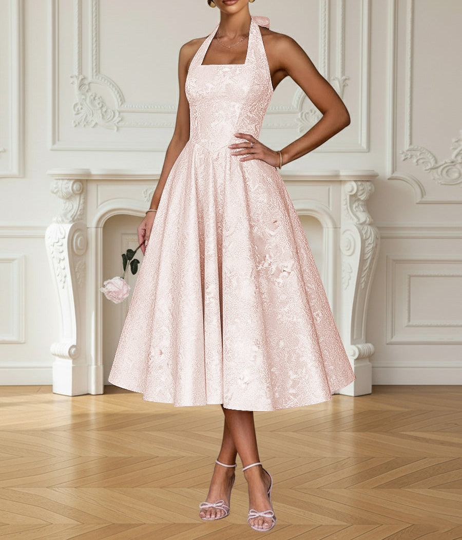 Vintage A Line Halter Midi Prom Dresses with Floral Jacquard