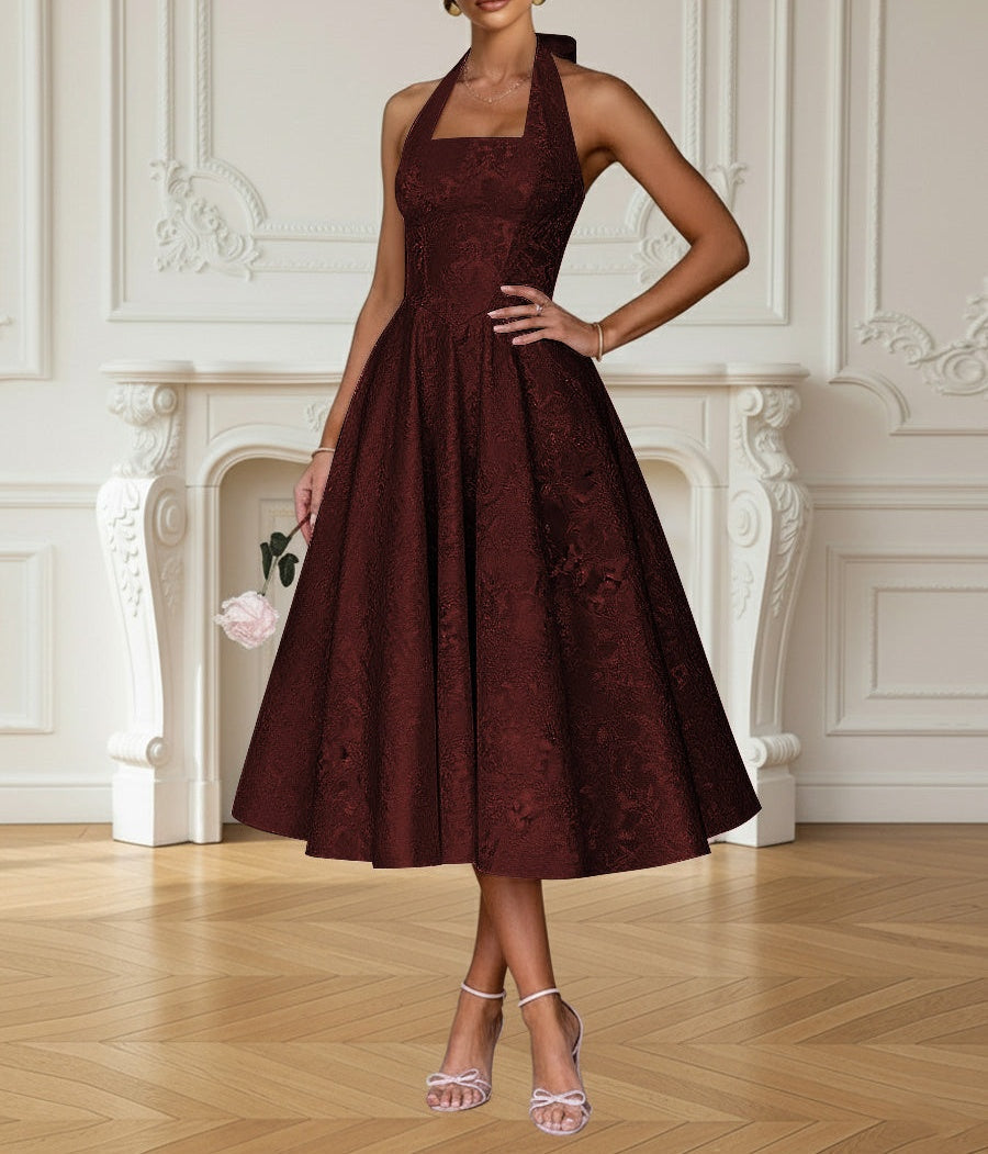 Vintage A Line Halter Midi Prom Dresses with Floral Jacquard