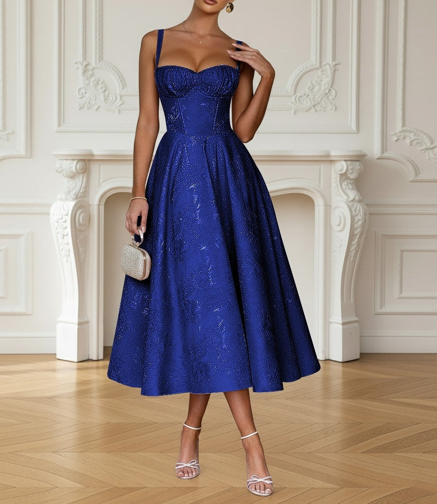 Y2K Spaghetti Strap Midi Prom Dresses with Floral Jacquard