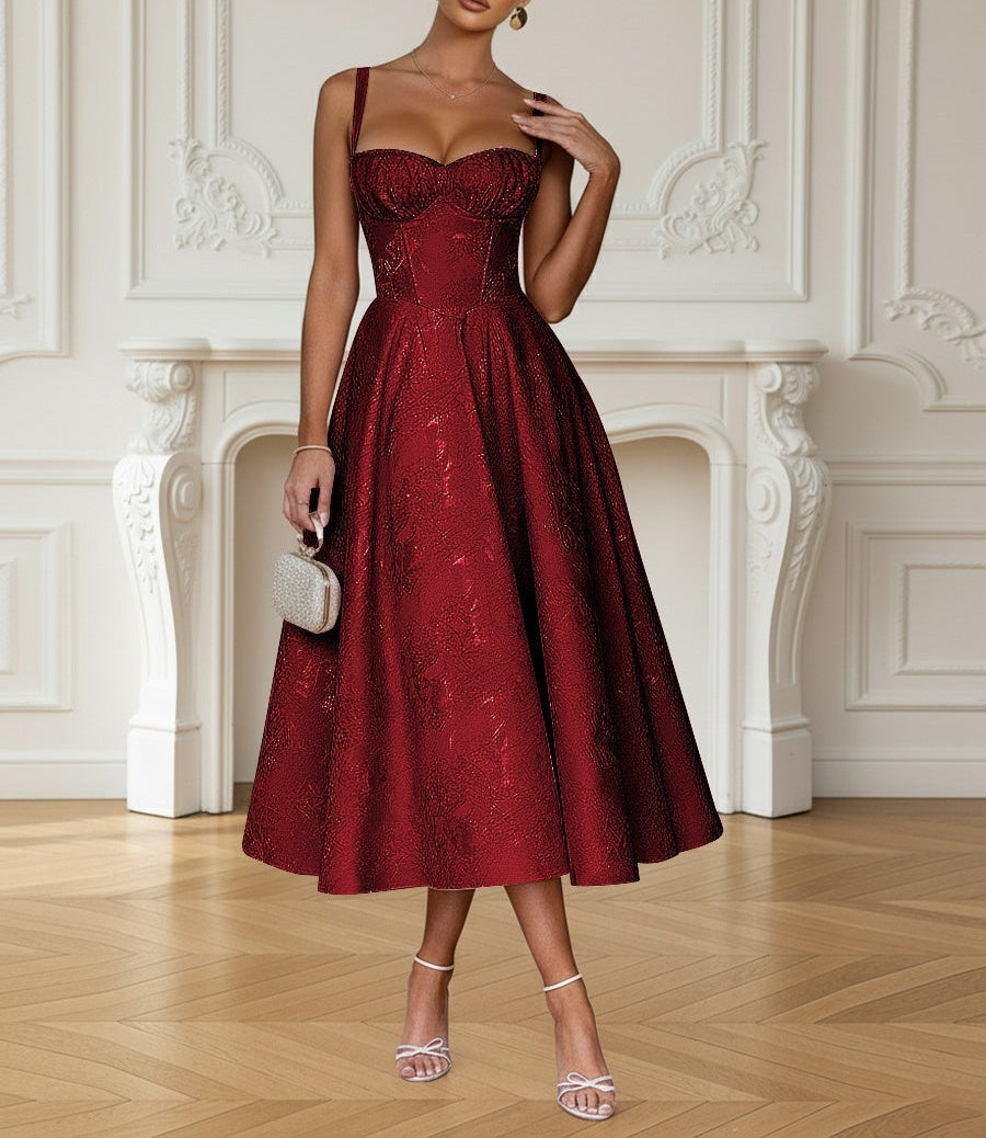 Y2K Spaghetti Strap Midi Prom Dresses with Floral Jacquard