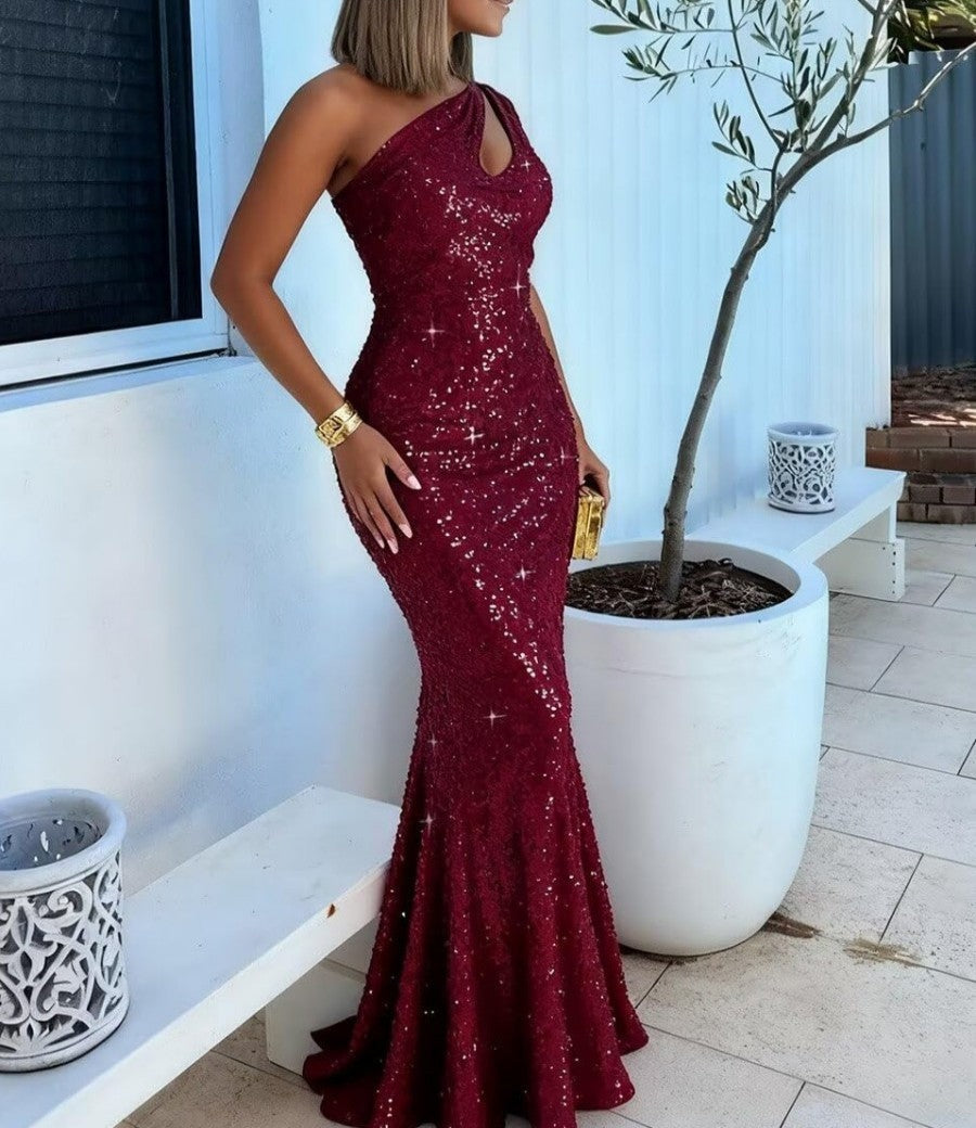 Mermaid/Trumpet One Shoulder Cut-out Floor-Length Formal Dresses with Sparkly Sequin