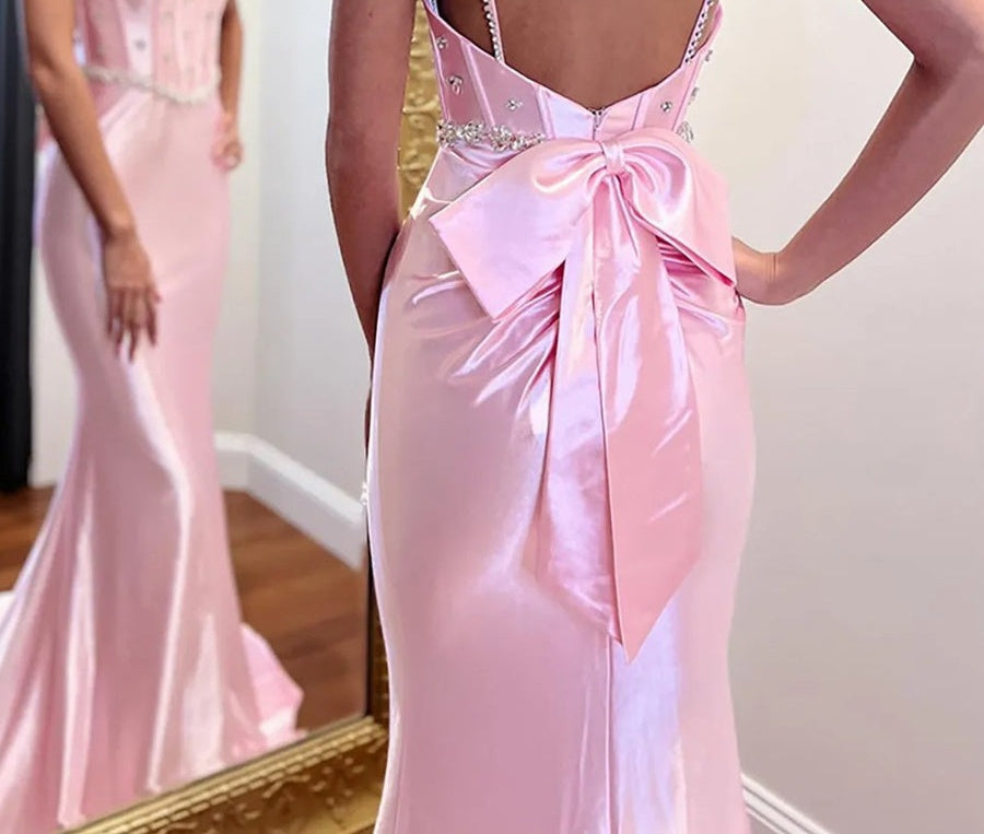 Spaghetti Strap V-Neck Bow Back Mermaid Long Prom Dresses with Sparkly Appliques