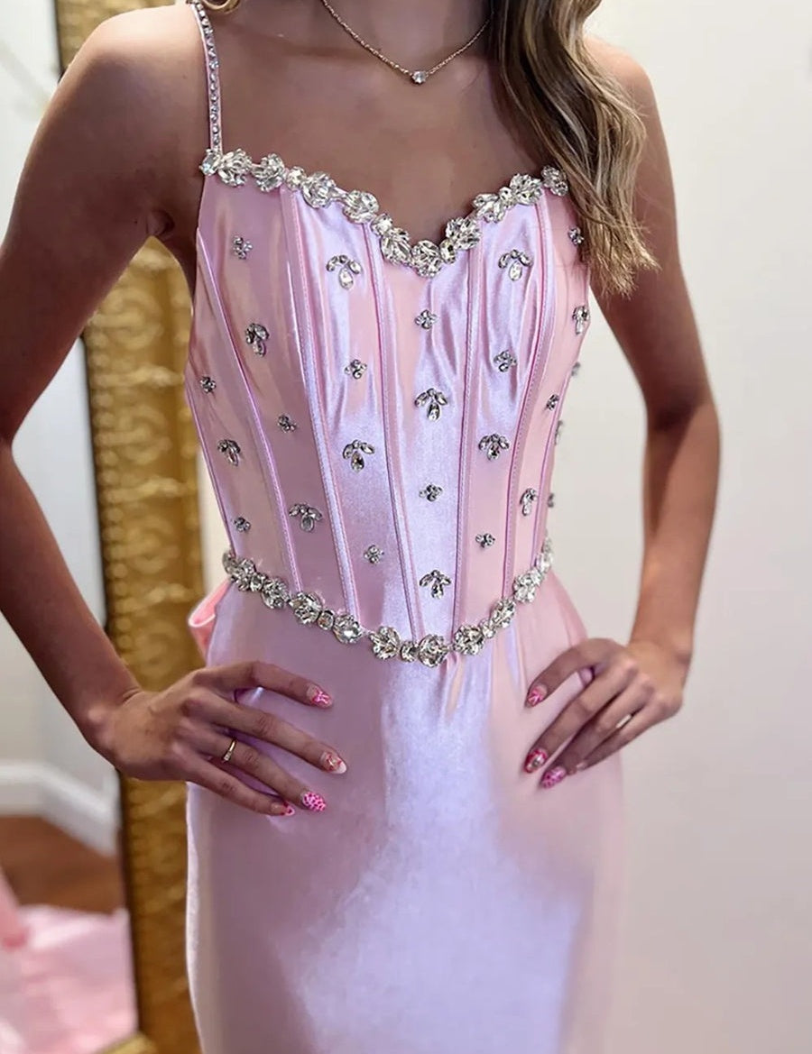 Spaghetti Strap V-Neck Bow Back Mermaid Long Prom Dresses with Sparkly Appliques