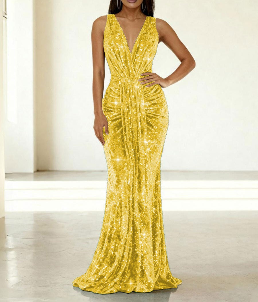 Mermaid/Trumpet V-Neck Ruched Floor-Length Formal Evening Dresses with Sparkly Sequin