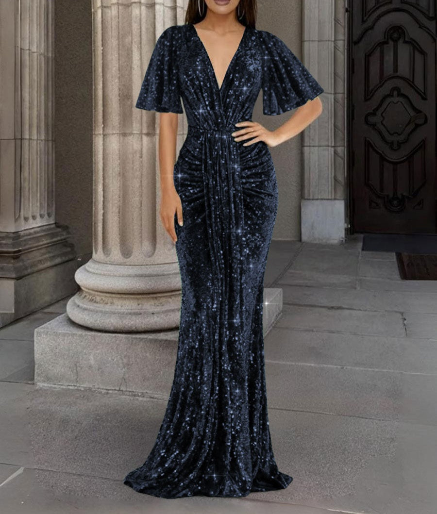 Mermaid/Trumpet V Neck Flutter Sleeve Floor-Length Formal Evening Dresses with Sparkly Sequin
