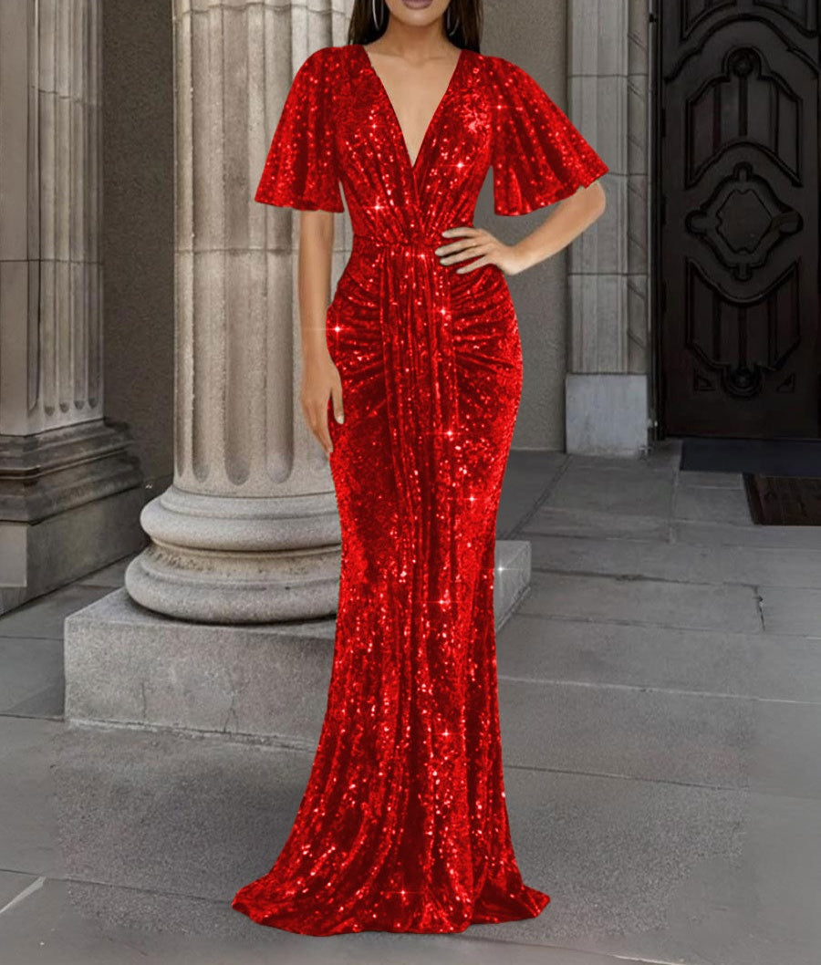 Mermaid/Trumpet V Neck Flutter Sleeve Floor-Length Formal Evening Dresses with Sparkly Sequin