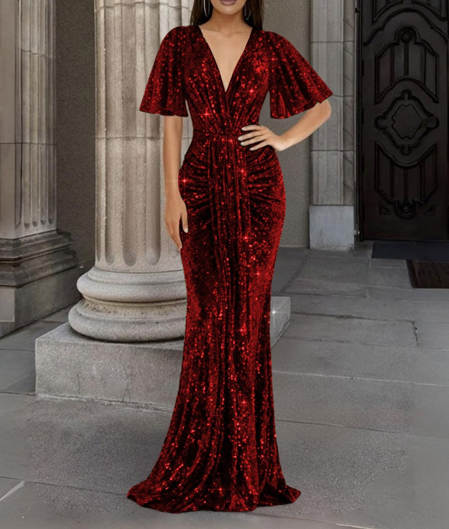 Mermaid/Trumpet V Neck Flutter Sleeve Floor-Length Formal Evening Dresses with Sparkly Sequin