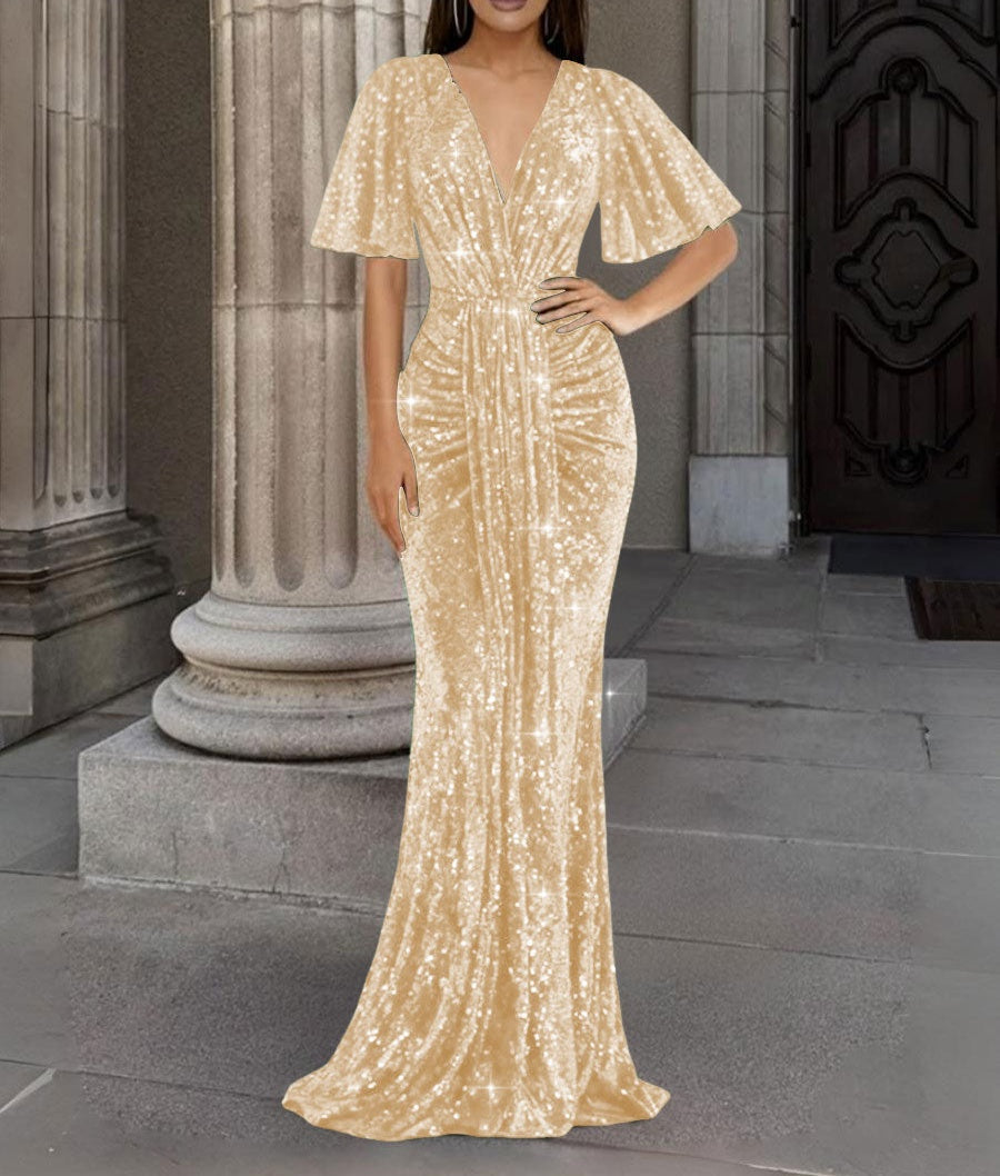 Mermaid/Trumpet V Neck Flutter Sleeve Floor-Length Formal Evening Dresses with Sparkly Sequin
