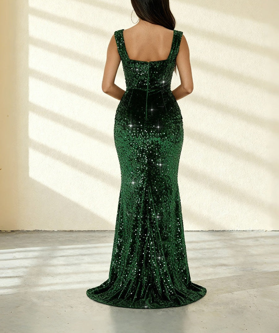 Mermaid/Trumpet Square Neck Ruched Floor-Length Formal Evening Dresses with Sparkly Sequin