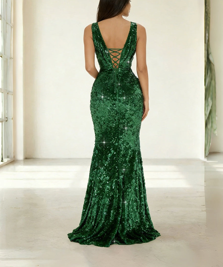Mermaid/Trumpet Square Neck Ruched Floor-Length Formal Evening Dresses with Sparkly Sequin