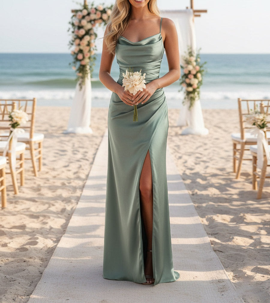 A Line/Princess Spaghetti Strap Floor-Length Prom Dresses with Slit