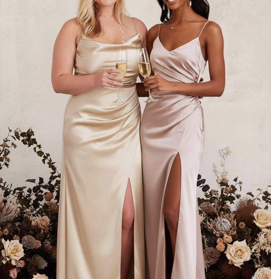 A Line/Princess Spaghetti Strap Floor-Length Prom Dresses with Slit