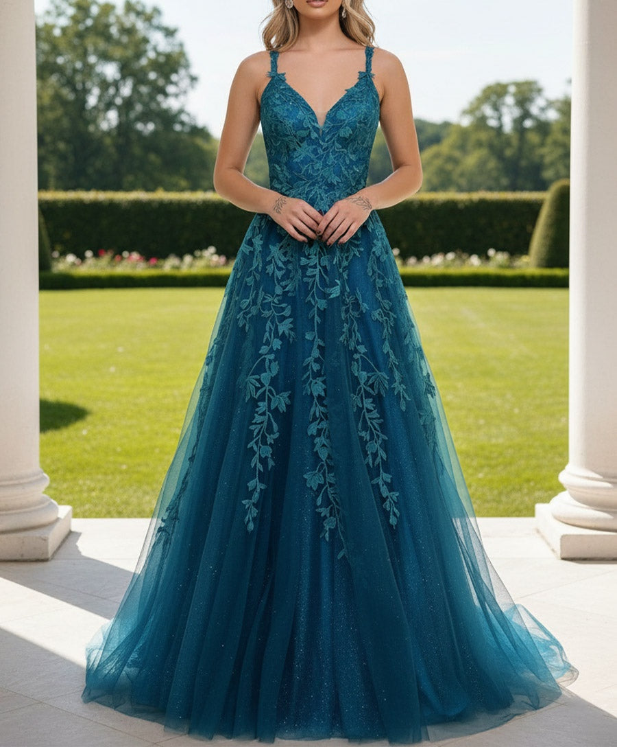 A Line/Princess V Neck Sleeveless Floor-Length Prom Dresses with Lace Appliques