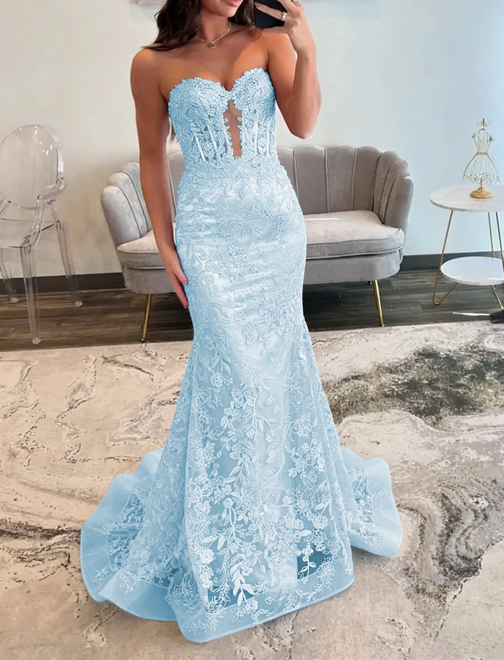 Lace Applique One Shoulder Long Prom Dresses Tiered Evening Gowns