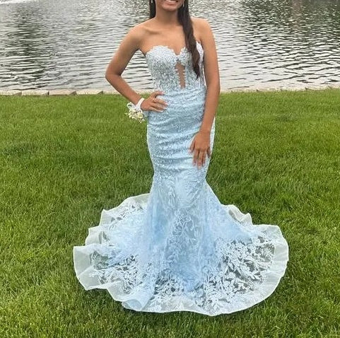 Lace Applique One Shoulder Long Prom Dresses Tiered Evening Gowns