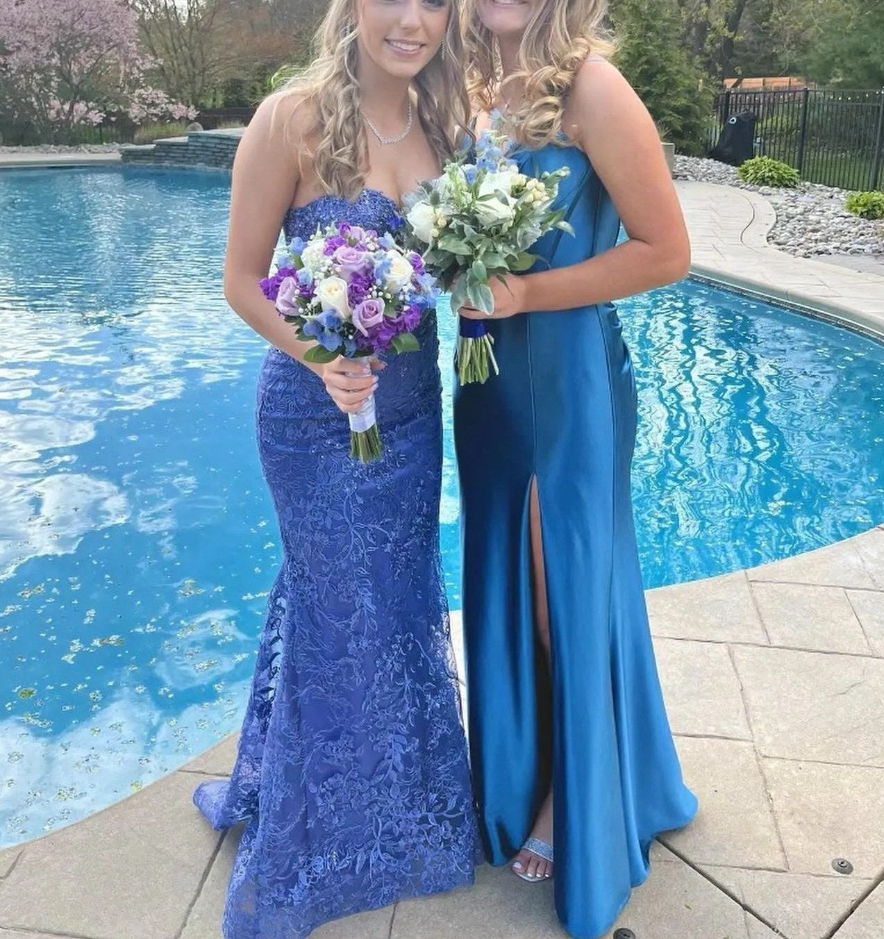 Lace Applique One Shoulder Long Prom Dresses Tiered Evening Gowns