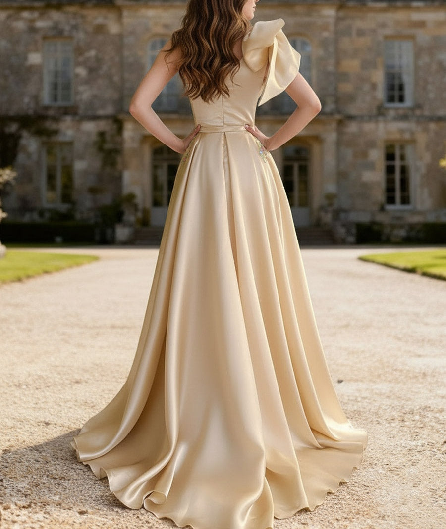 A-Line/Princess Floral One Shoulder Floor-Length Fancy Formal Prom Dresses with Bow
