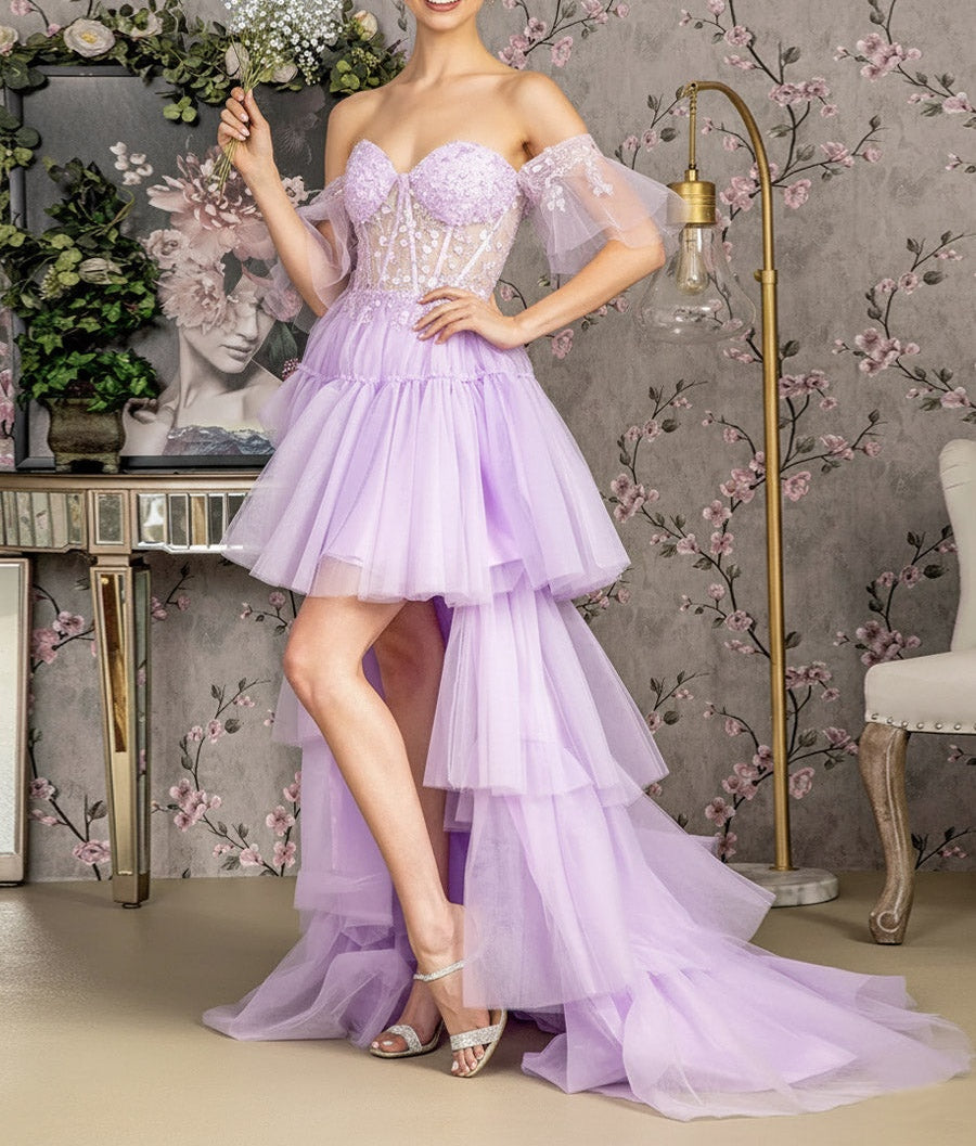 A-Line/Princess Tiered Floor-Length Fancy Prom Dresses with Short Sleeve