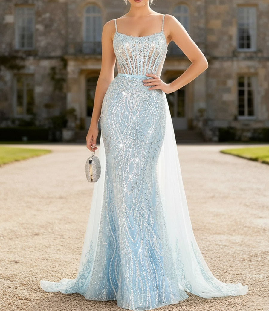 jordyn formal satin mermaid dress with train Glitter Spaghetti Strap Floor-Length Prom Dresses must-have