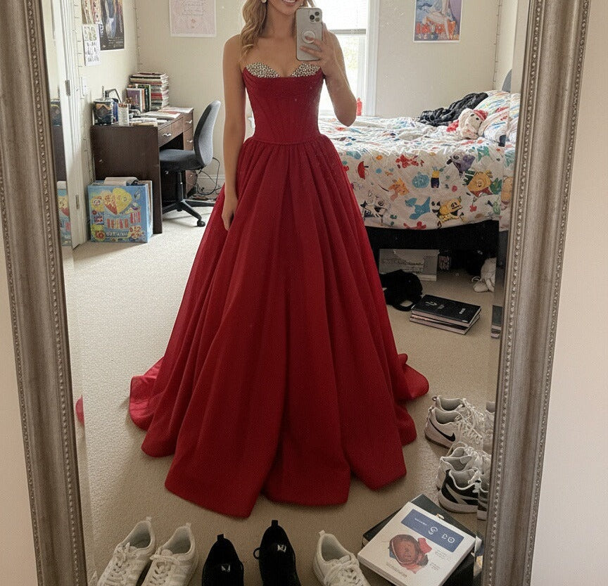 A-Line/Princess Satin Sweetheart Neck Floor-Length Corset Prom Dresses with Sequin