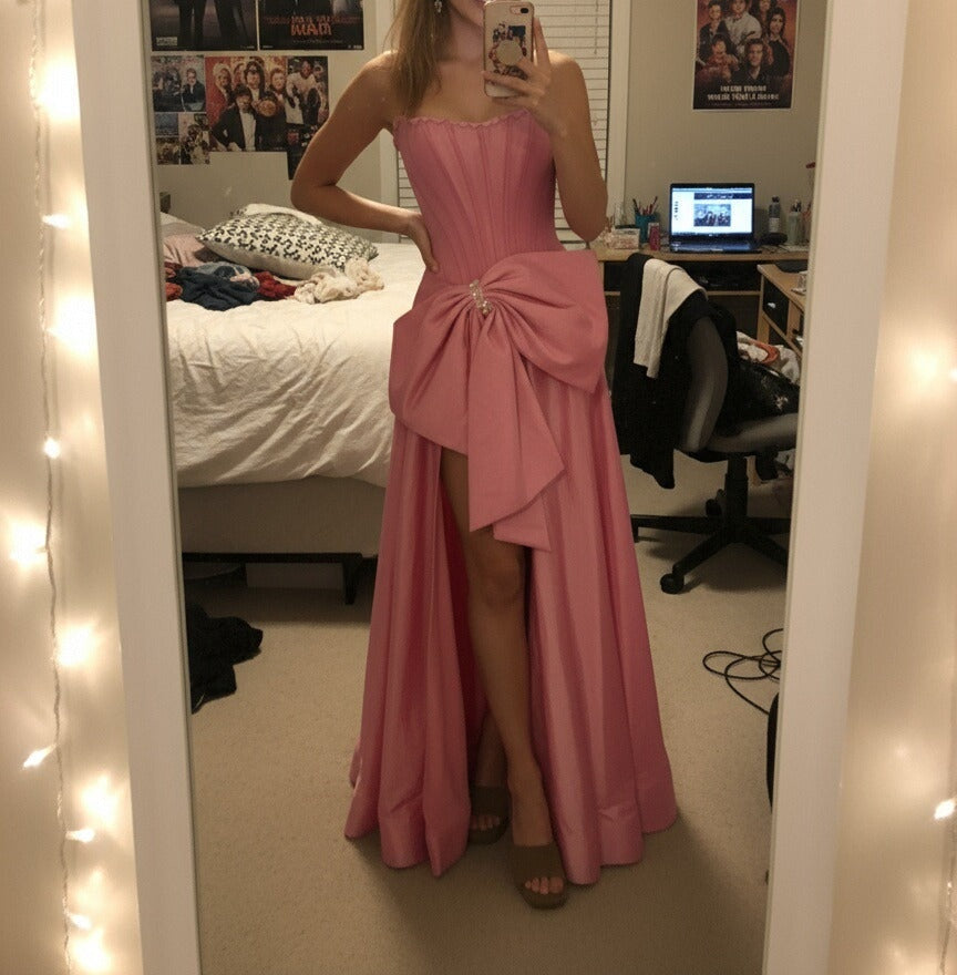 A-Line/Princess Strapless Split Floor-Length Corset Prom Dresses with Side Bow