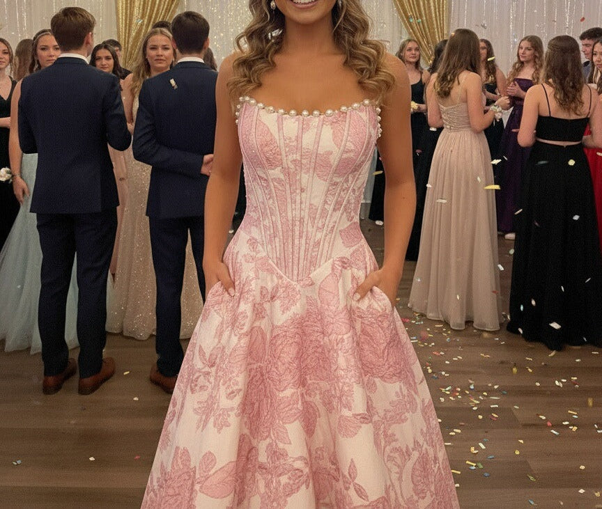 A-Line/Princess Print Flower Strapless Floor Length Prom Dresses with Pockets