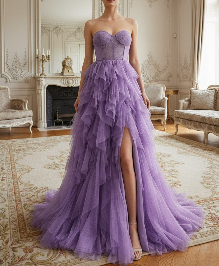 A-Line/Princess Ruffle Tiered Strapless Floor Length Prom Dresses with Tulle